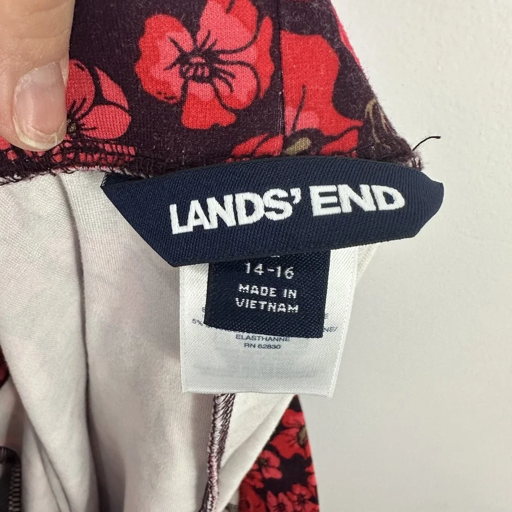 Lands End Skirt Womens Large Red Floral Black A-Line Midi Pockets‎ Feminine Chic